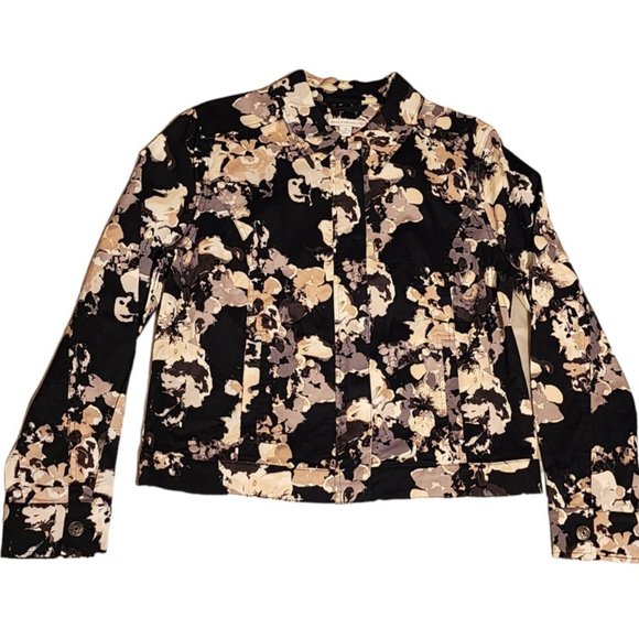 Isaac Mizrahi Live Black and Beige Floral Print Stretchy Fashion JACKET Size 12 - Picture 1 of 10